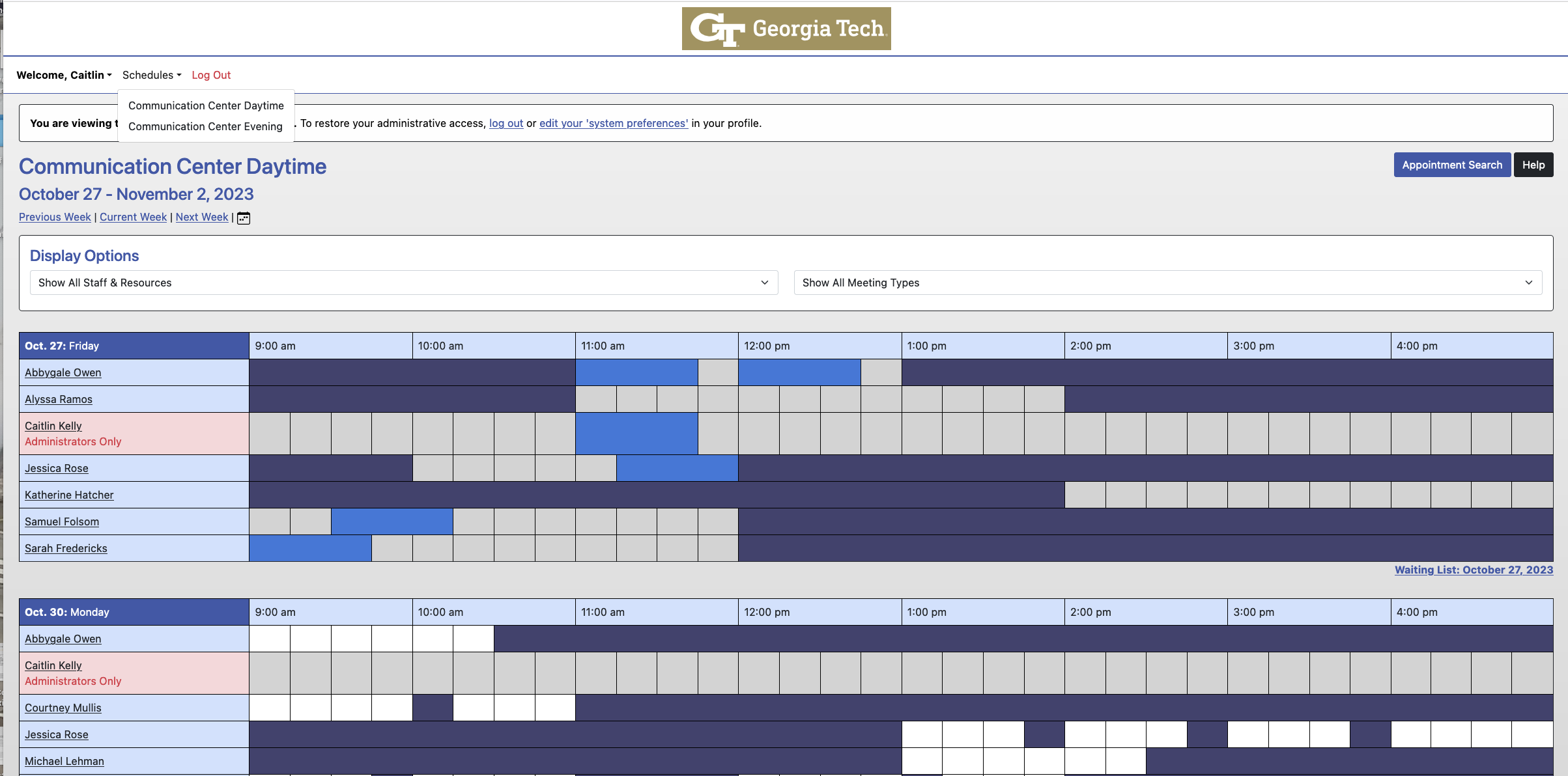 image of calendar view in WC Online